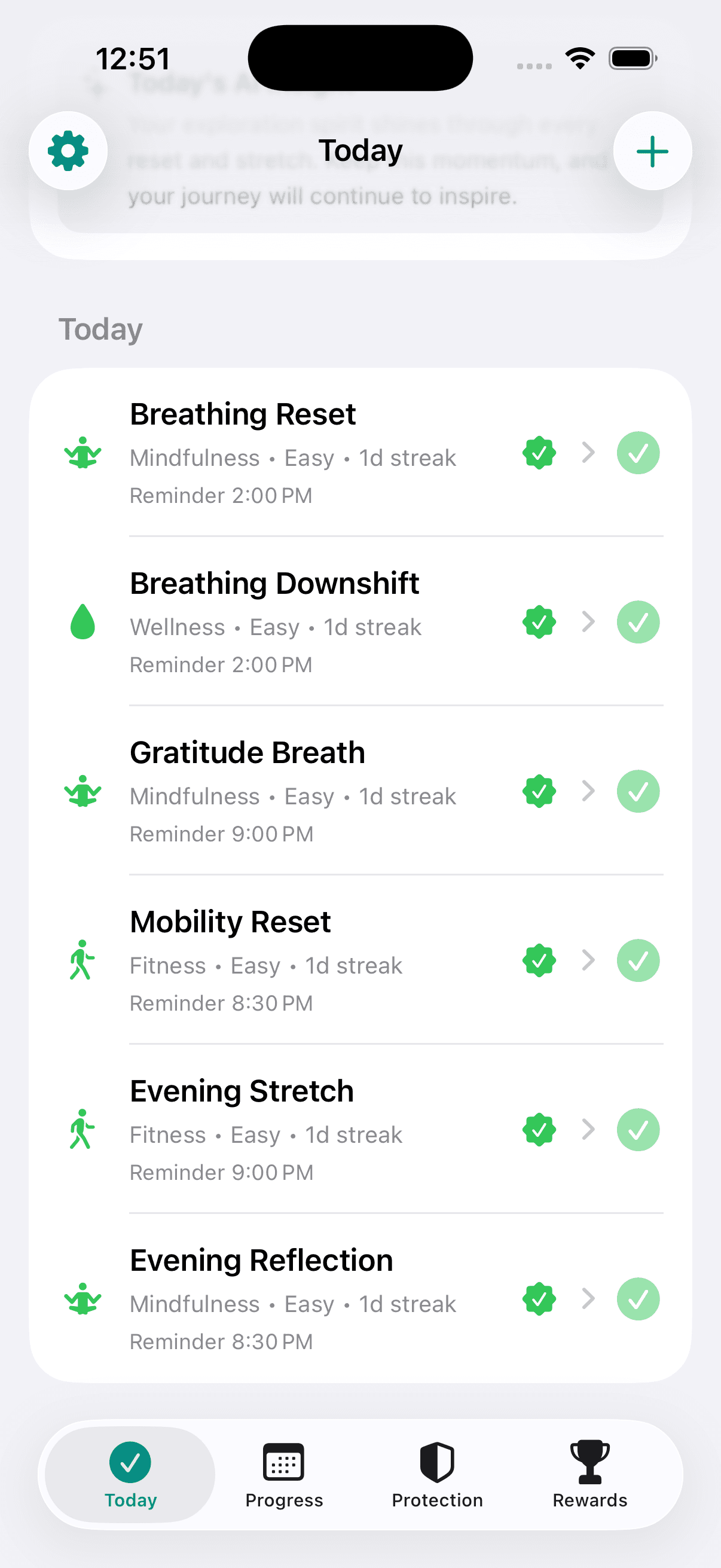 Today view showing daily habits